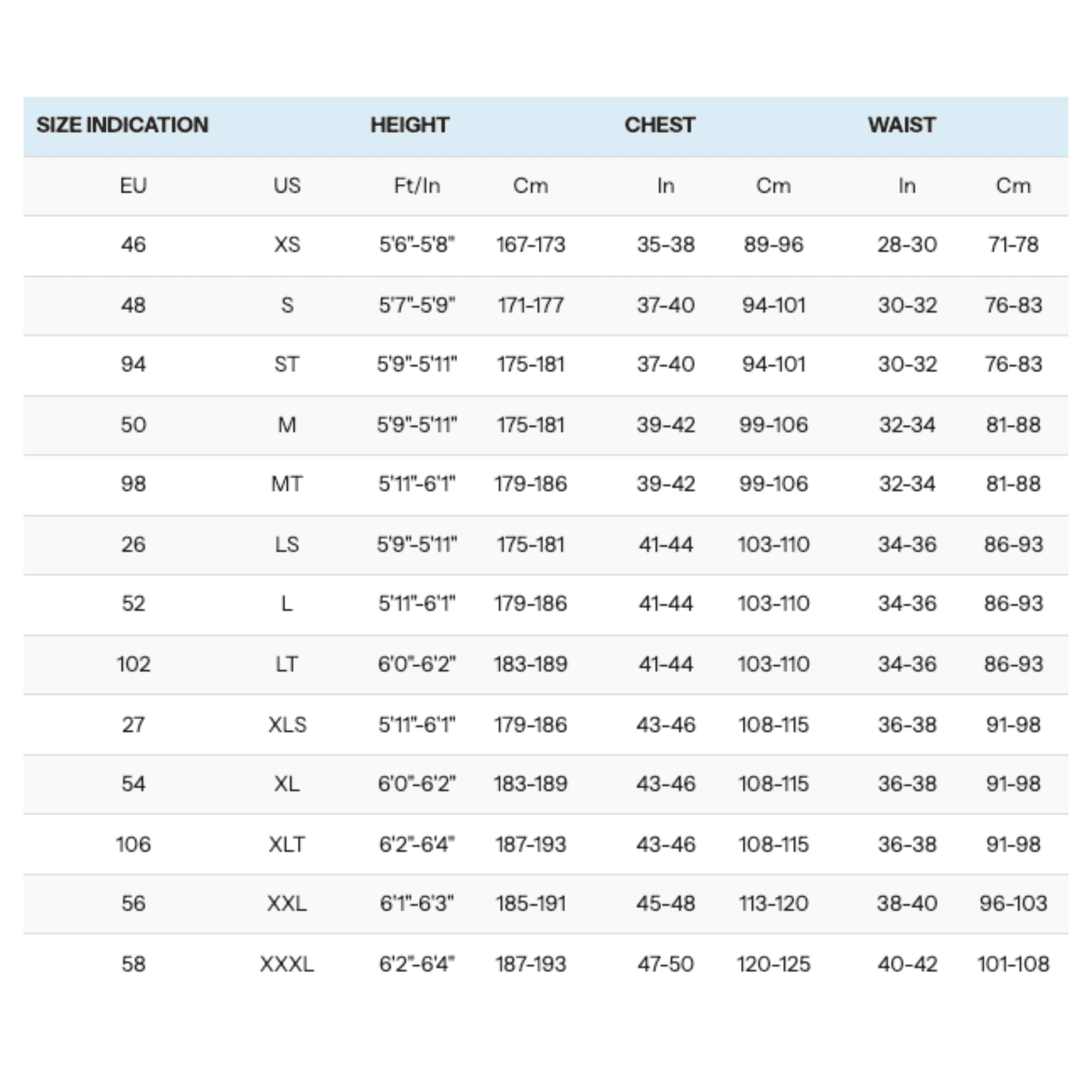 Size table